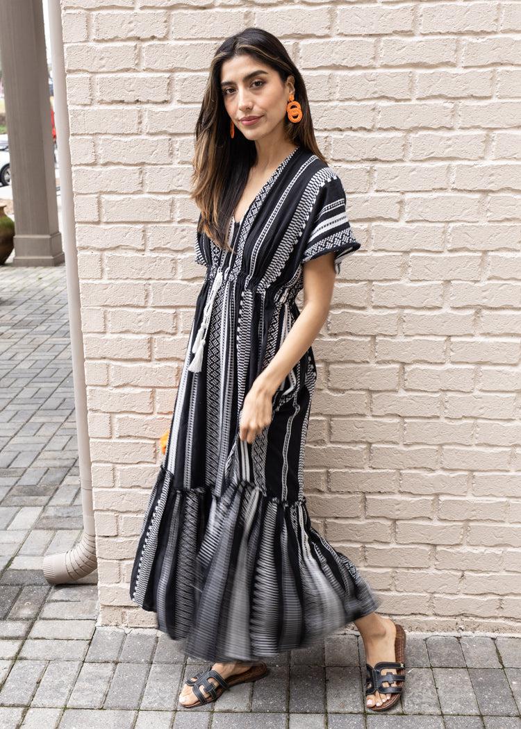 Elan Faith Caftan V Neck Midi Dress-Hand In Pocket