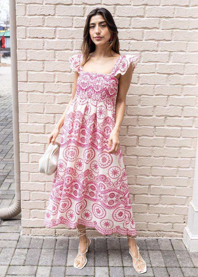 Balboa Embroidered Eyelet Flutter Sleeve Midi Dress-Hand In Pocket