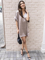 Farrah Satin V Neck Tunic/Dress-Mocha-Hand In Pocket
