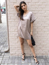 Farrah Satin V Neck Tunic/Dress-Mocha-Hand In Pocket