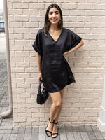 Farrah Satin V Neck Tunic/Dress-Black-Hand In Pocket