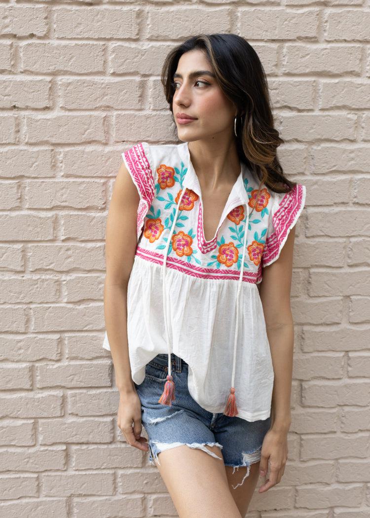 THML Zarin Embroidered Top-White/Pink-Hand In Pocket