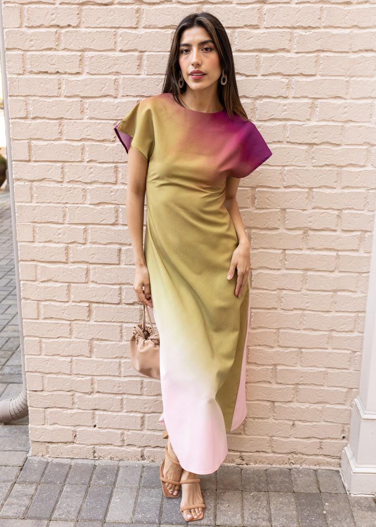 Isla Short Sleeve Ombre Dress-Multi-Hand In Pocket