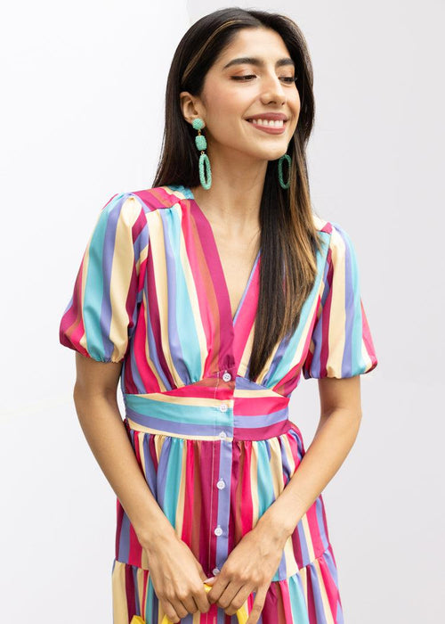 Colette Striped Short Sleeve Tiered Ruffle Dress-Hand In Pocket