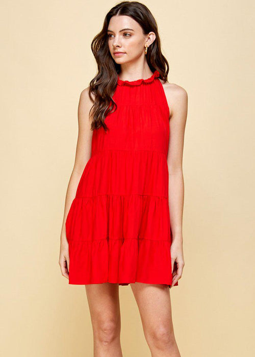 Bianca Tiered Tie Back Halter Dress-Red-***PREORDER***-Hand In Pocket