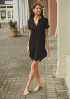 Bobi Split V Neck Short Sleeve Shirtdress - Black***FINAL SALE***-Hand In Pocket