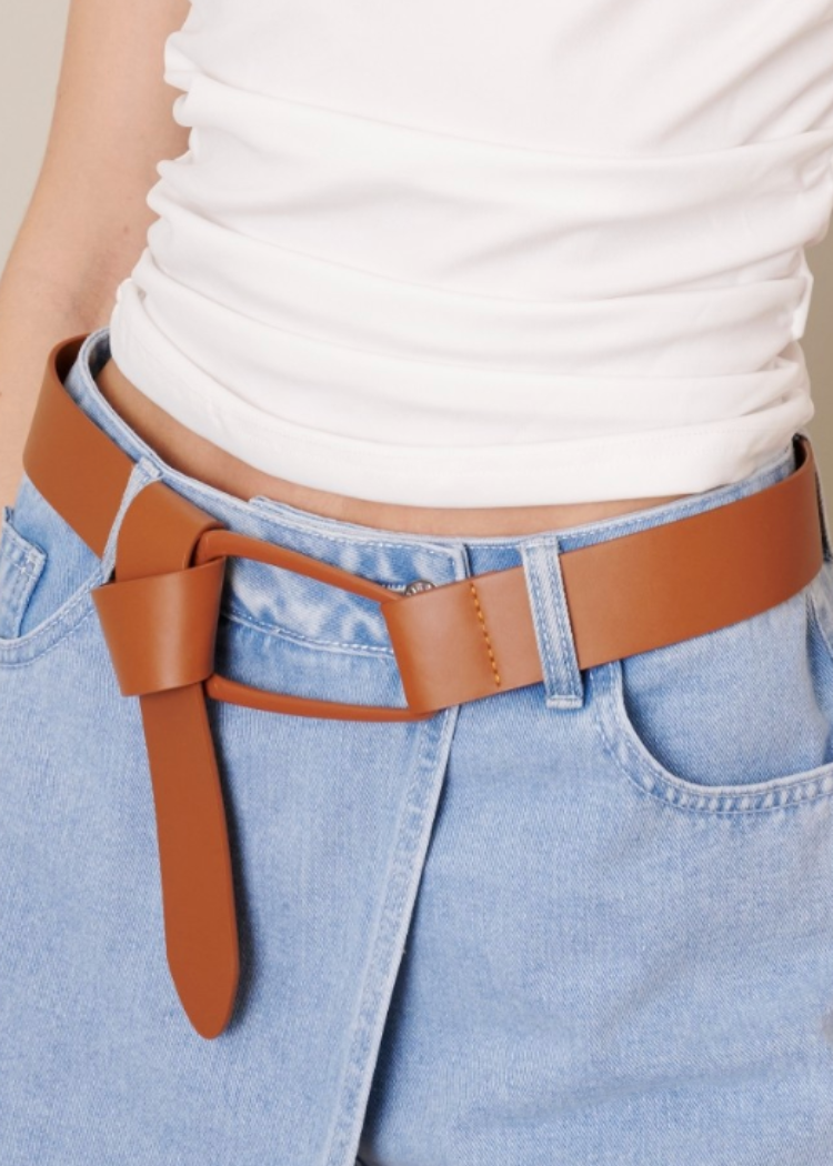 Faux Leather Oval Belt - Camel-Hand In Pocket