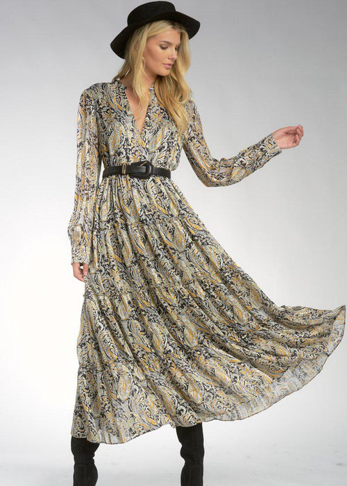 Dayna Paisley Tiered Long Sleeve Maxi Dress-Hand In Pocket