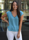 Karlie Crash Satin Frayed Hem Tee-Teal ***FINAL SALE***-Hand In Pocket