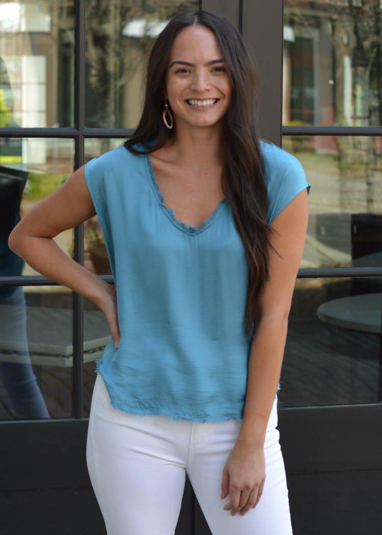 Karlie Crash Satin Frayed Hem Tee-Teal ***FINAL SALE***-Hand In Pocket
