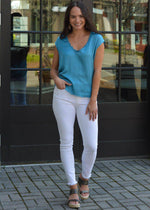 Karlie Crash Satin Frayed Hem Tee-Teal ***FINAL SALE***-Hand In Pocket