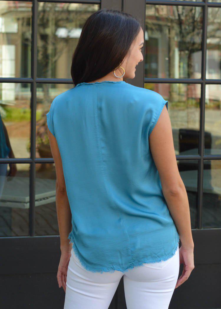 Karlie Crash Satin Frayed Hem Tee-Teal ***FINAL SALE***-Hand In Pocket