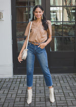 Buddy Love Ava Surplice Short Sleeve Faux Leather Bodysuit - Mocha-Hand In Pocket