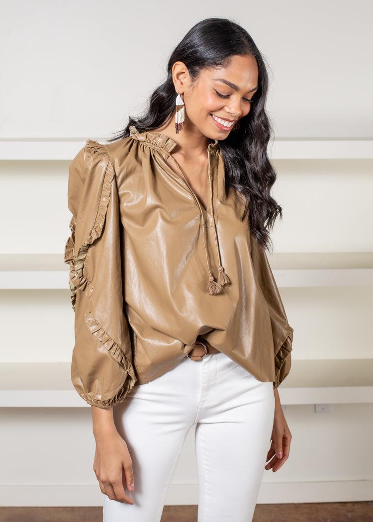 Karlie Turtlecreek Faux Leather Blouse - Khaki-Hand In Pocket