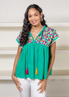 THML Bayantree Embroidered Tassel Top-Green-Hand In Pocket