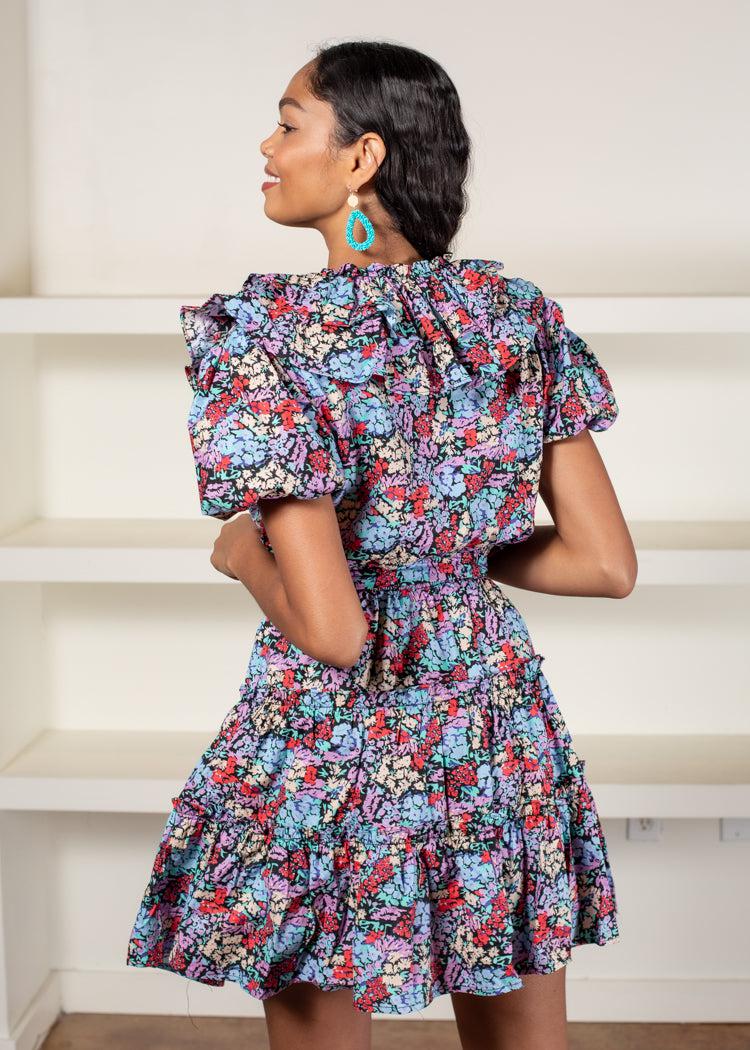 Karlie Hydrangea V Neck Tiered Poplin Mini Dress-Hand In Pocket