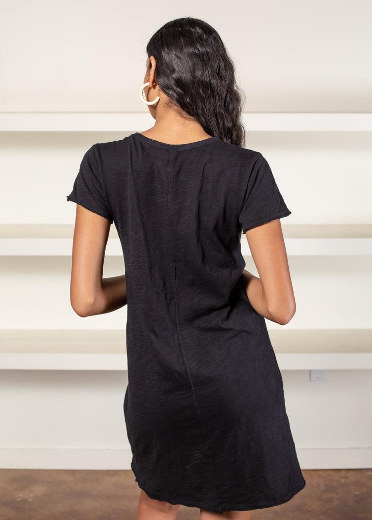 Bobi Short Sleeve V Neck Center Seam T-shirt Dress - Black-***FINAL SALE***-Hand In Pocket