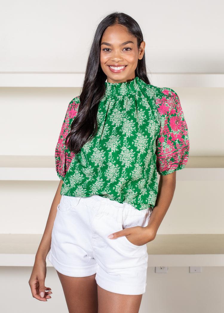 THML Anegada Embroidered Sleeve Top-Green-Hand In Pocket