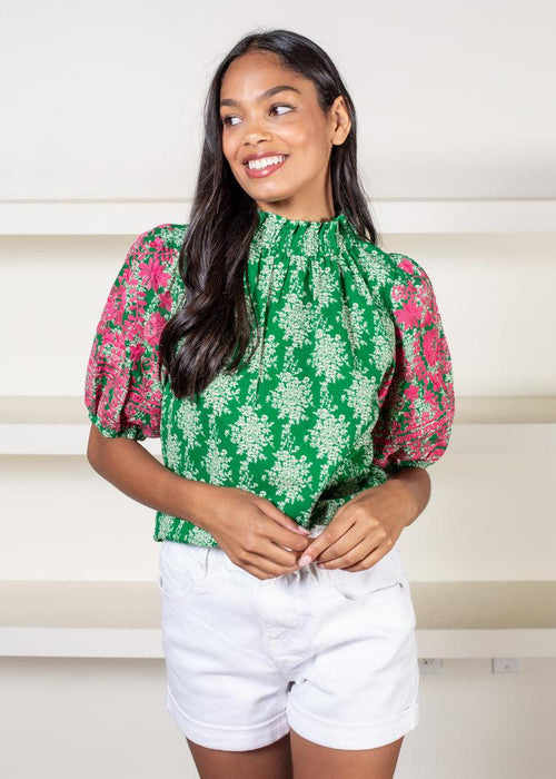 THML Anegada Embroidered Sleeve Top-Green-Hand In Pocket