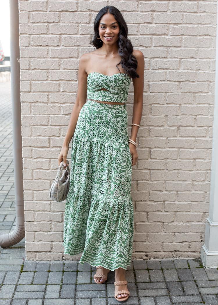 Penida Crocheted Maxi Skirt Set-Sage-Hand In Pocket