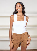 525 America Wide Strap Square Neck Knit Tank- Bleach White-Hand In Pocket