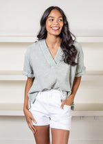 Elan Break Gauze Top-Sage-Hand In Pocket