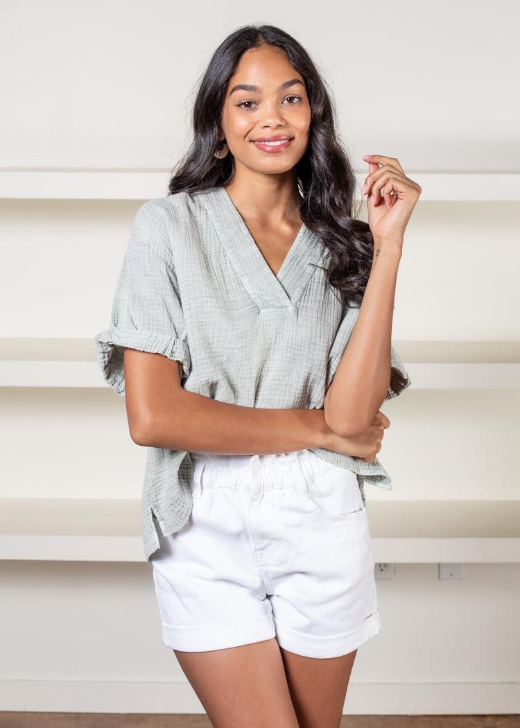 Elan Break Gauze Top-Sage-Hand In Pocket