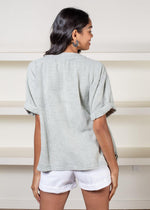 Elan Break Gauze Top-Sage-Hand In Pocket