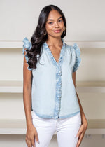 Elan ABC Ruffle Sleeve Top-Hand In Pocket