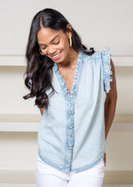 Elan ABC Ruffle Sleeve Top-Hand In Pocket