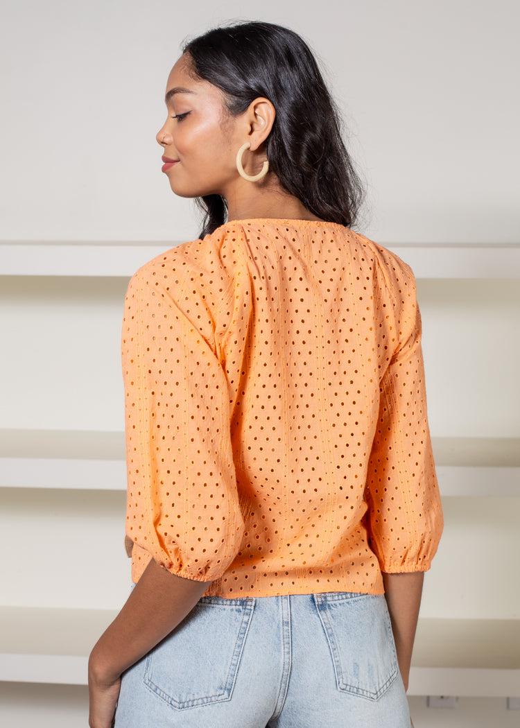 Sanctuary Carrie Eyelet Drawstring Blouse - Washed Melon-***FINAL SALE***-Hand In Pocket