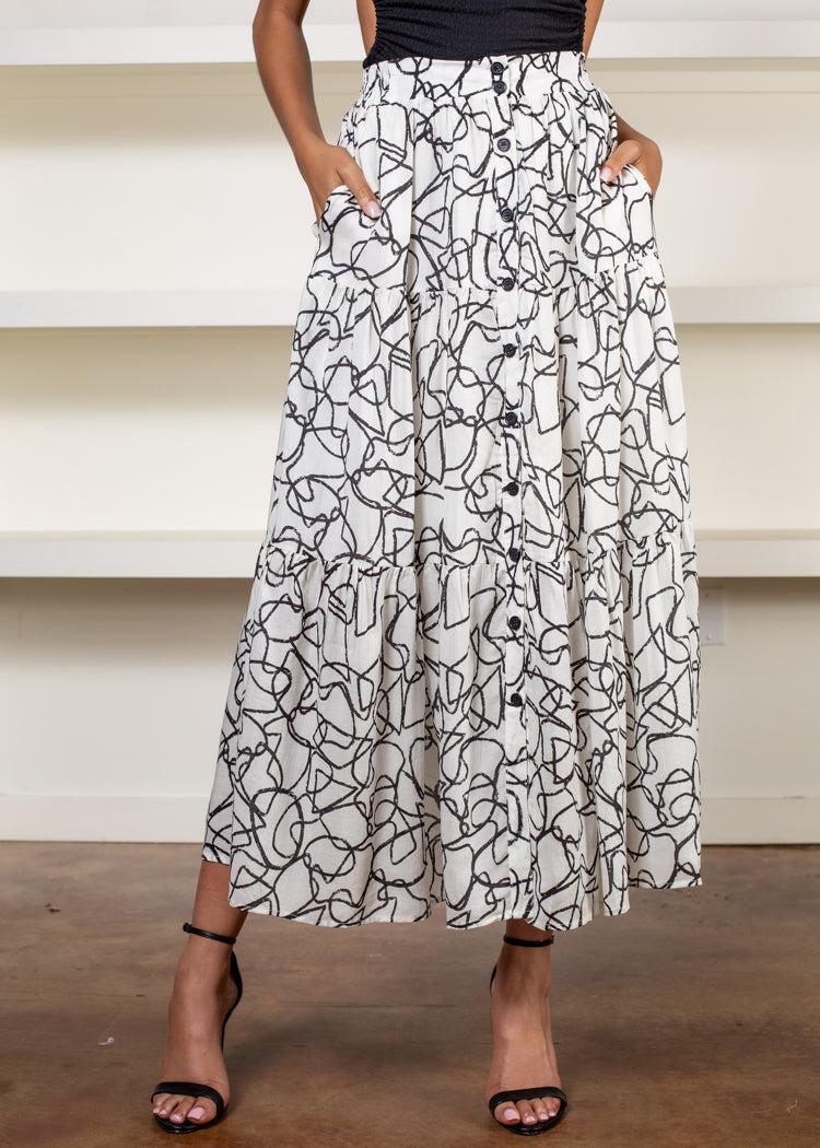 ASTR the Label Cecile Abstract Print High Waist Midi Skirt-Hand In Pocket