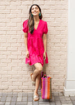 Melita Short Sleeve V Neck Tiered Dress-Raspberry-Hand In Pocket