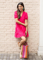 Melita Short Sleeve V Neck Tiered Dress-Raspberry-Hand In Pocket