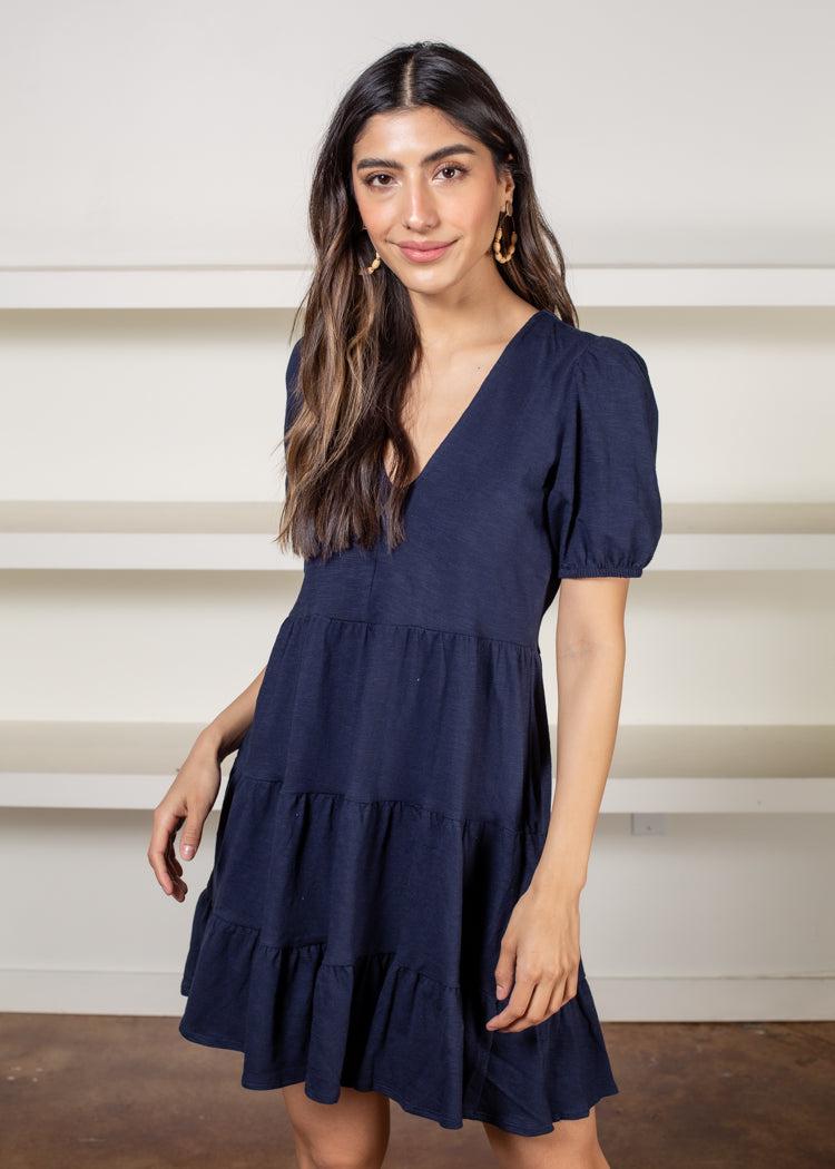 Melita Short Sleeve V Neck Tiered Dress-Navy-Hand In Pocket