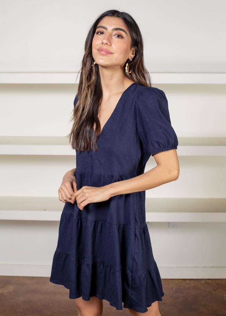 Melita Short Sleeve V Neck Tiered Dress-Navy-Hand In Pocket