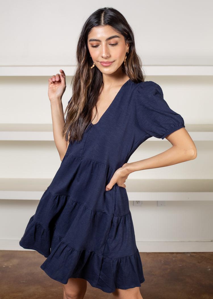 Melita Short Sleeve V Neck Tiered Dress-Navy-Hand In Pocket