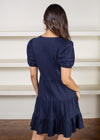 Melita Short Sleeve V Neck Tiered Dress-Navy-Hand In Pocket