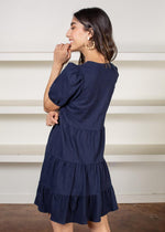 Melita Short Sleeve V Neck Tiered Dress-Navy-Hand In Pocket