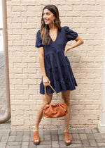 Melita Short Sleeve V Neck Tiered Dress-Navy-Hand In Pocket