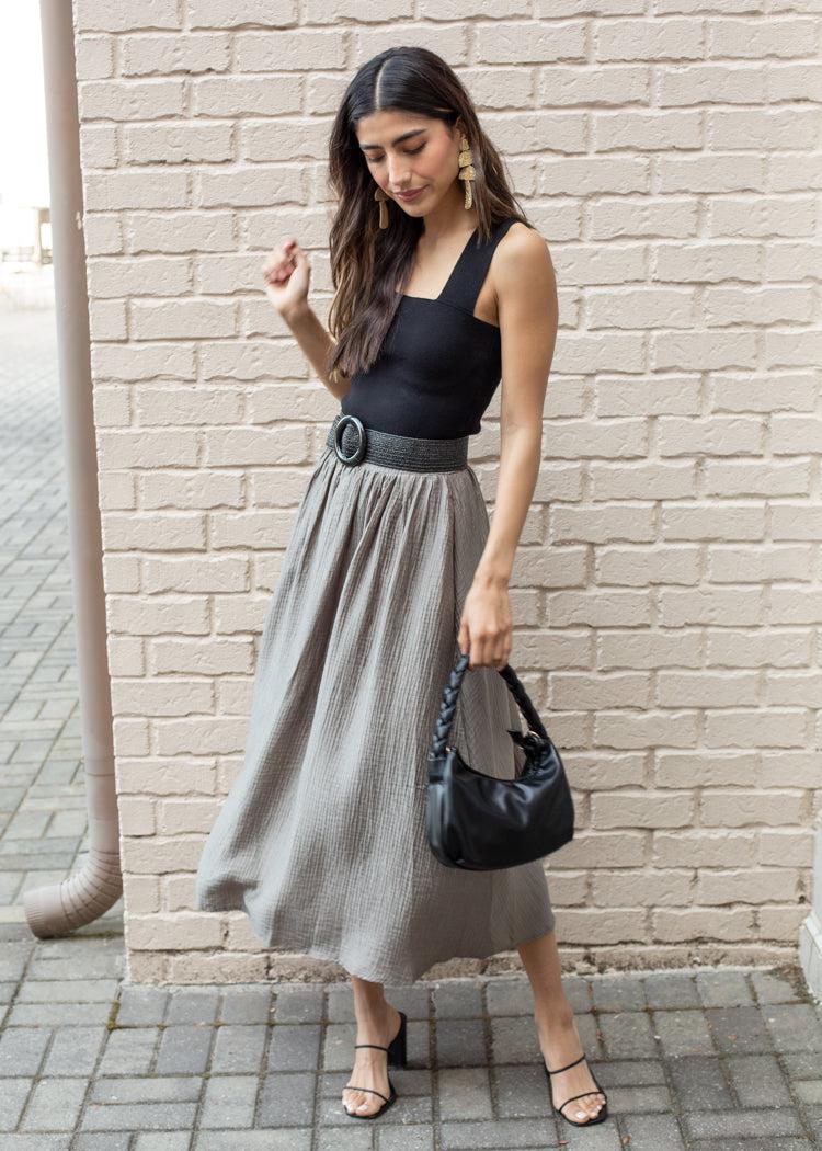 ASTR the Label Terra Bella High Waist Midi Skirt - Mushroom***FINAL SALE***-Hand In Pocket