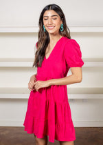Melita Short Sleeve V Neck Tiered Dress-Raspberry-Hand In Pocket