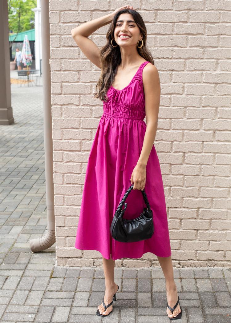 Celia Poplin Midi Dress Fuschia FINAL SALE