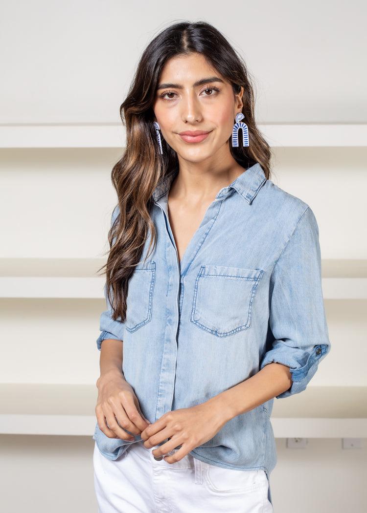 Velvet Heart Riley Chambray Button Down Top - Fade Blue-Hand In Pocket