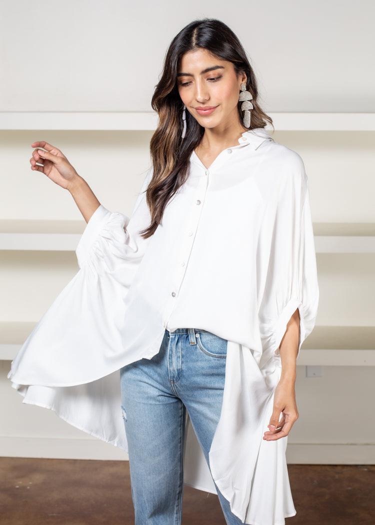 Campo Oversized Hi/Lo Button Down Shirt-White-Hand In Pocket