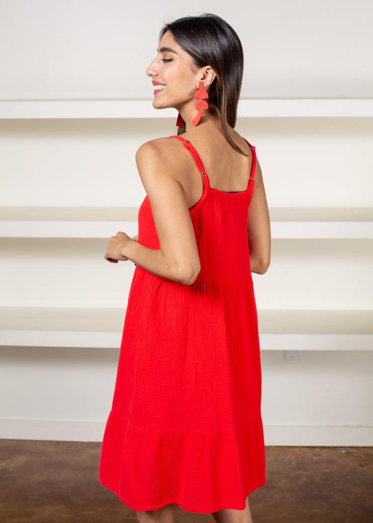 Bobi Spaghetti Strap Gauzy Tiered Cami Dress - Lipstick-Hand In Pocket