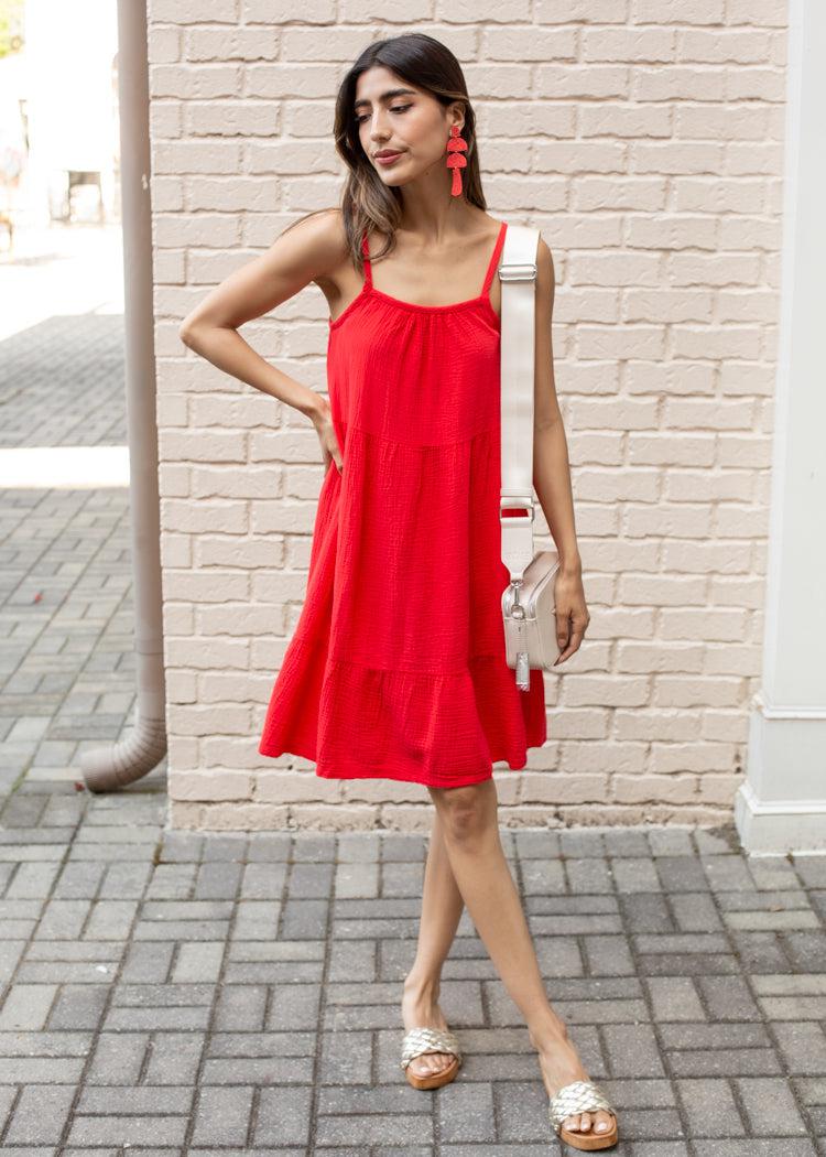 Bobi Spaghetti Strap Gauzy Tiered Cami Dress - Lipstick-Hand In Pocket