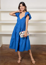 Zella Tiered Flutter Sleeve Midi Dress-Cobalt-Hand In Pocket