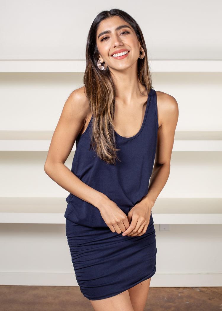 Bobi Shirred Tank Dress- Navy-***FINAL SALE***-Hand In Pocket