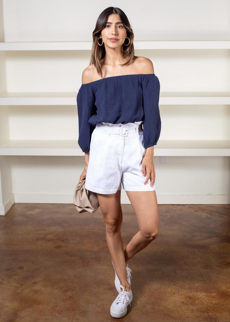 Gia Belted Linen Shorts-White***FINAL SALE***-Hand In Pocket